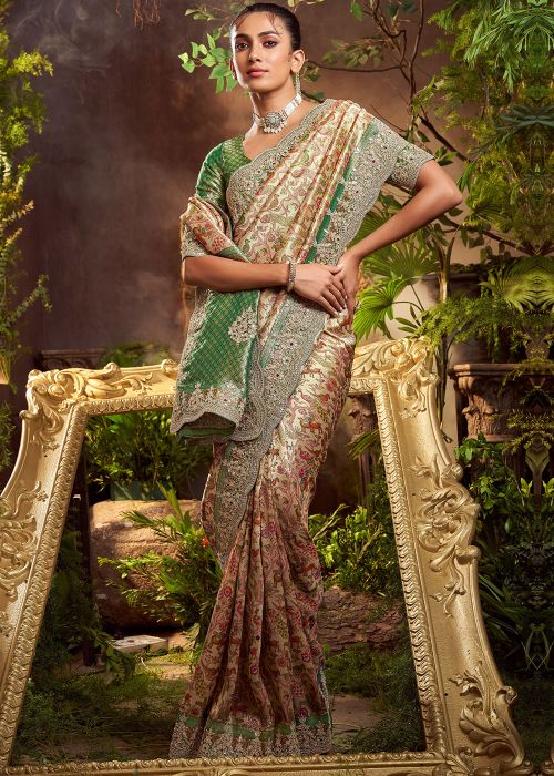 Beige Viscose Saree With Resham Border