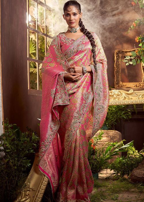 Rose Pink Viscose Saree With Embroidered Border