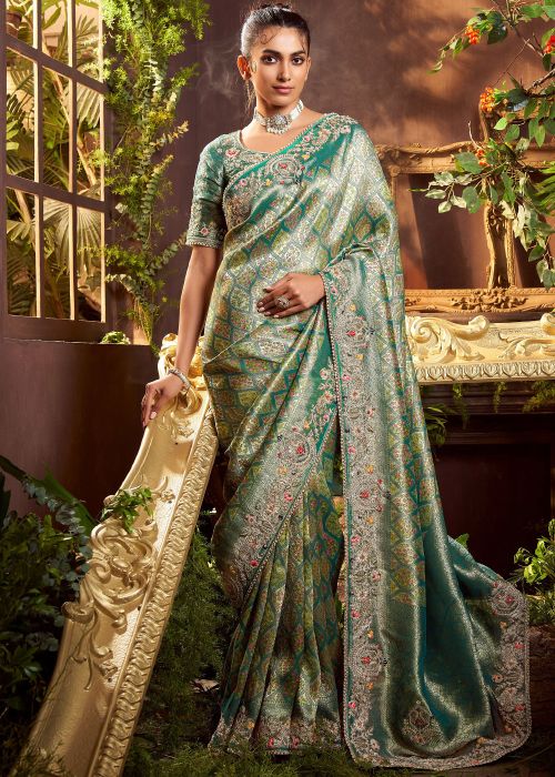 Teal Green Viscose Saree With Zari Resham Work