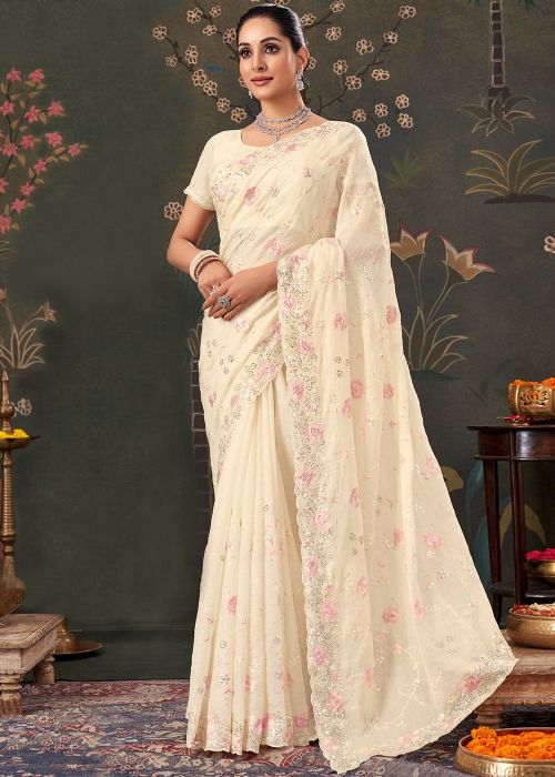 Cream Art Silk Saree With Floral Work