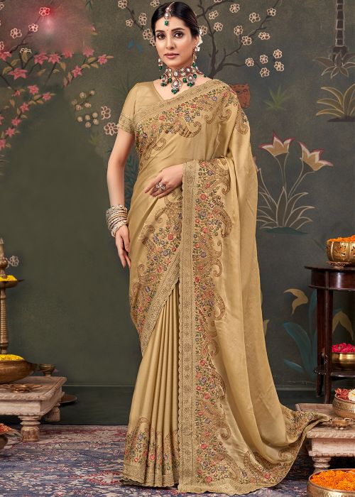 Golden Chiffon Saree With Zari Embellishment