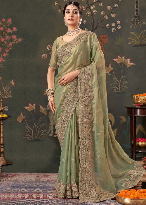 Green Satin Saree With Embroidered Border