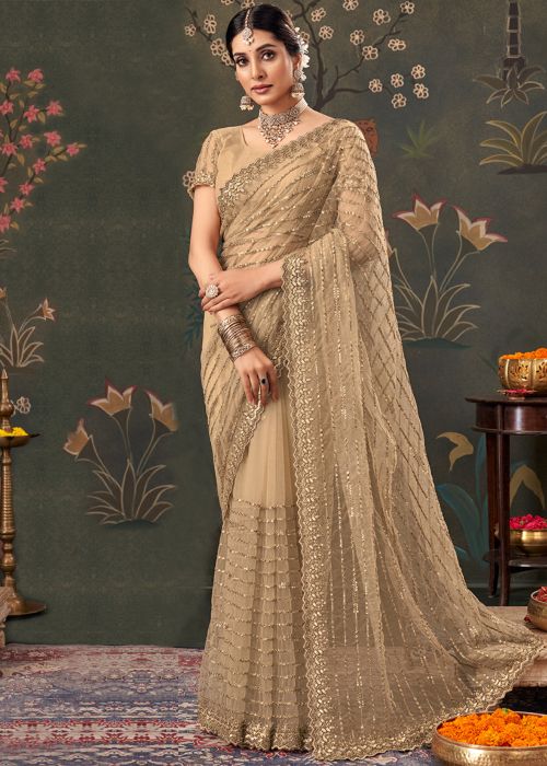 Beige Net Saree With Sequins Work