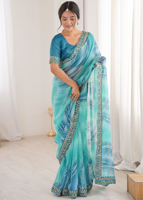 Teal Blue Georgette Saree With Leheria Print