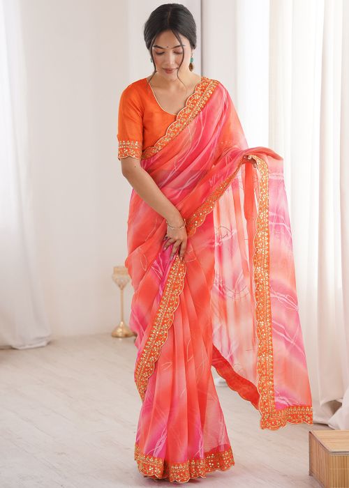 Coral Pink Georgette Leheria Print Saree