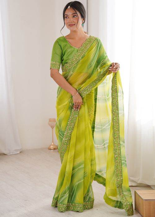 Green Georgette Foil Saree With Scalloped Border
