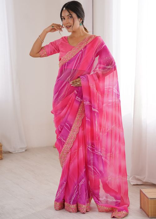 Hot Pink Georgette Saree With Leheria Print Detalis