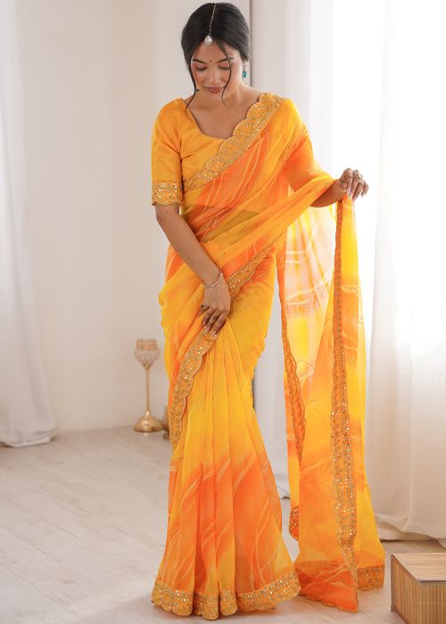 Mustard Yellow Georgette Leheria Saree With Scalloped Border
