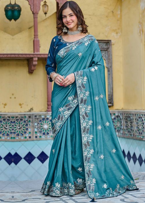Teal Blue Art Silk Saree With Silver Embroidery