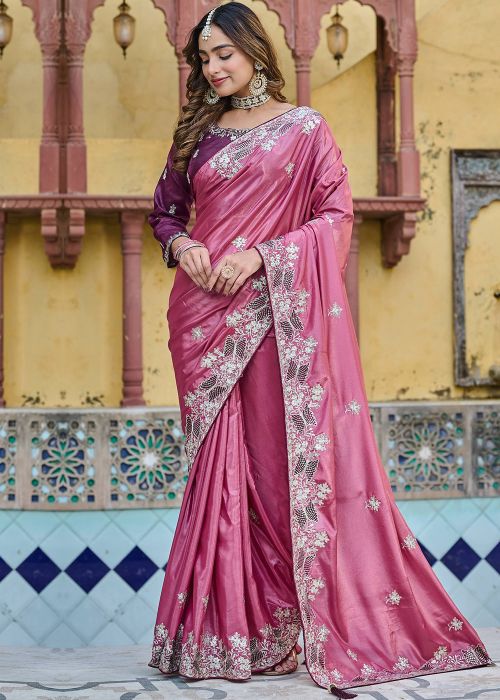 Rose Pink Art Silk Saree With Sequins Work