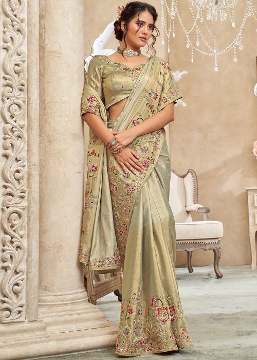 Green Viscose Saree With Embroidered Pallu