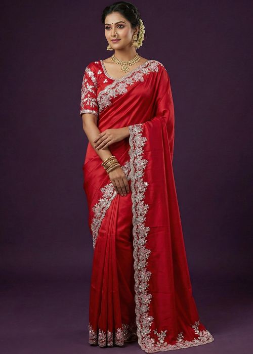 Red Satin Saree With Silver Embroidered Border
