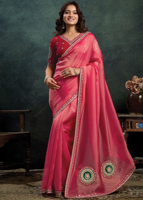 Coral Pink Organza Saree With Embellished Border