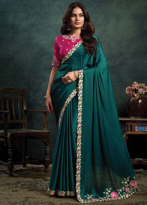 Teal Green Satin Saree With Thread Motif Border