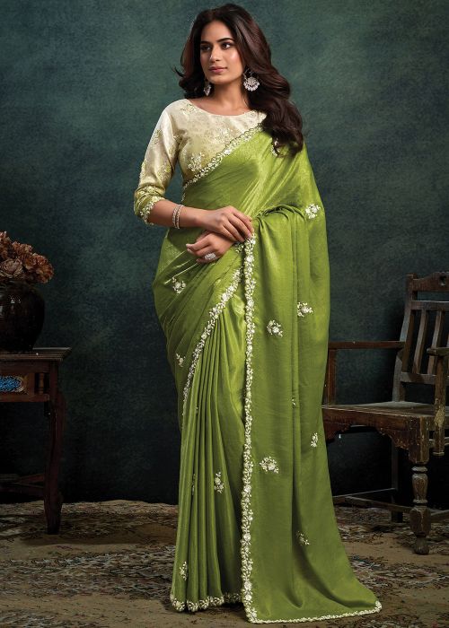 Green Satin Saree With Scalloped Embellished Border