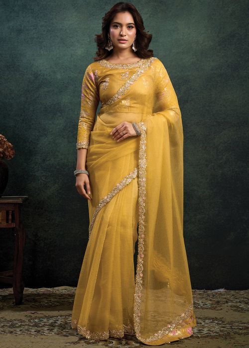 Yellow Organza Saree With Sequin Border