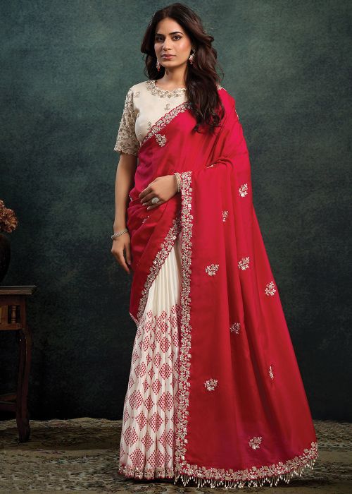 Red & Cream Half N Half Saree With Sequin Border