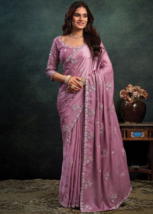 Mauve Pink Satin Saree With Sequin Handwork Border