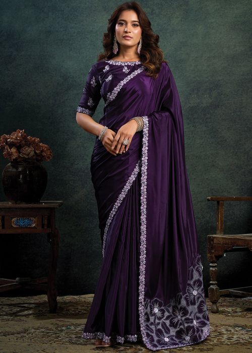 Purle Satin Saree With Dori Border