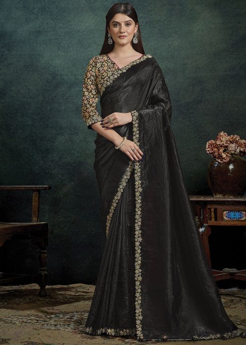 Black Silk Saree With Floral Handwork Border