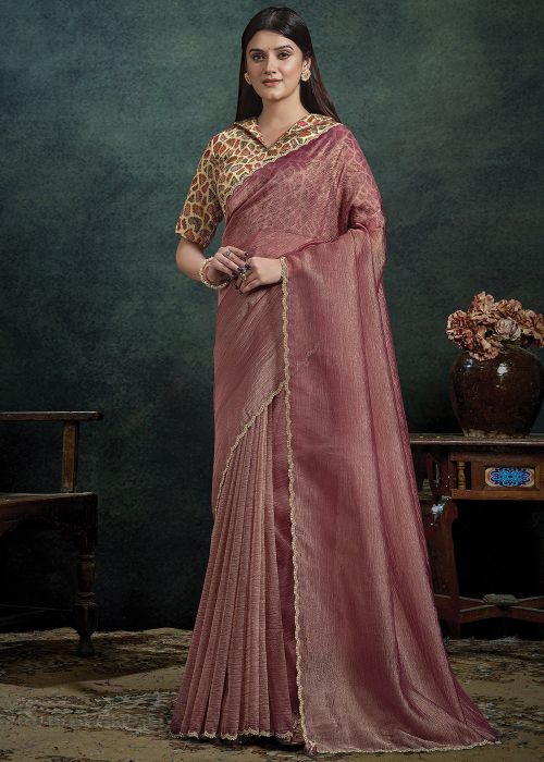 Rose Pink Art Banarasi Silk Saree With Handwork