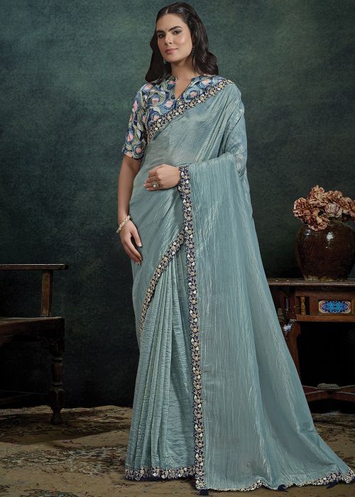 Aqua Blue Art Silk Saree With Embroidered Handwork Border