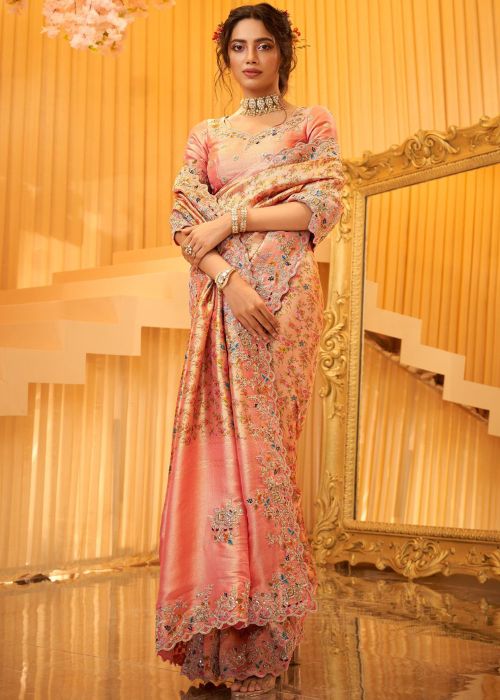 Peach Viscose Saree With Zari Woven Work
