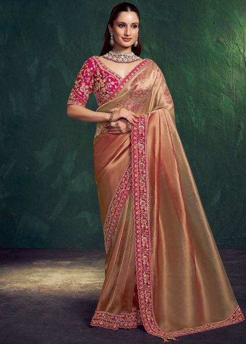Peach Tissue Saree With Beads Border Work