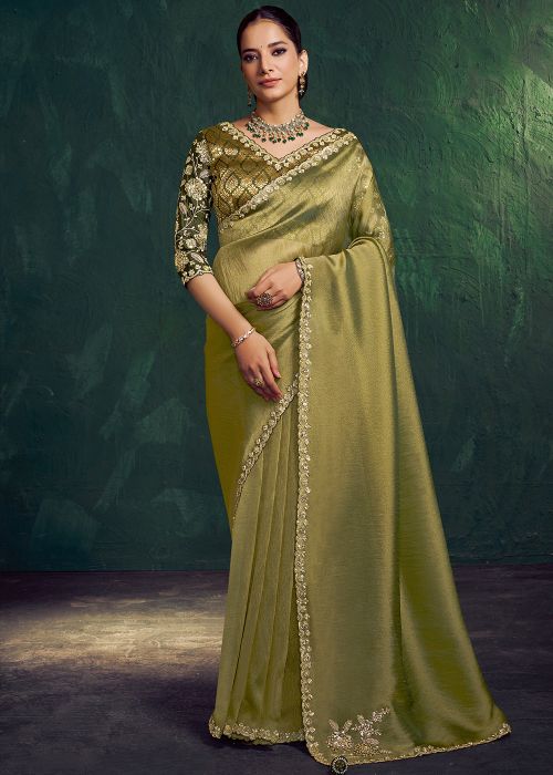 Green Tissue Saree With Handworked Sequin Border
