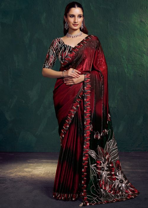 Shaded Red & Black Satin Saree With Sequins Detailing