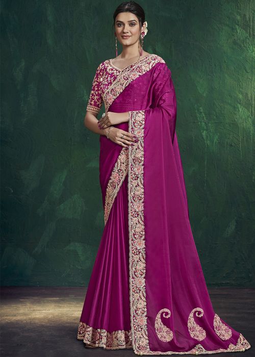 Pink Silk Saree With Embroidered Border