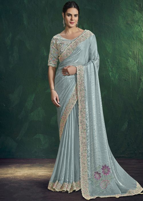 Blue Satin Saree With Embroidered Detailing