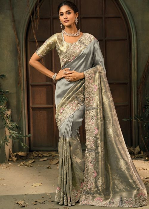 Grey Silk Saree With Antique Embroidered Border
