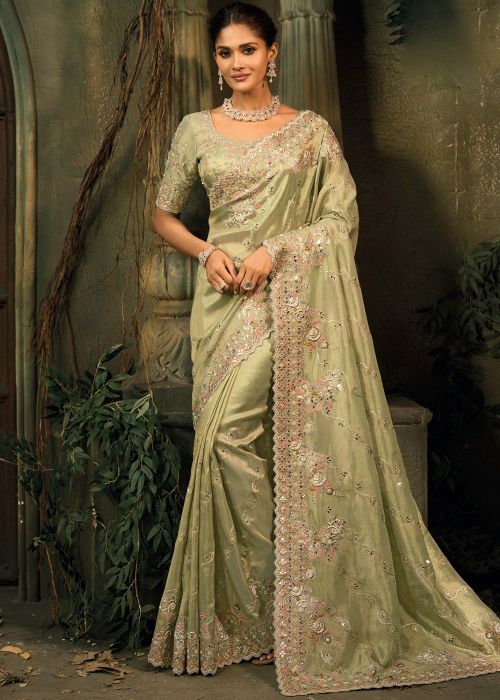 Sage Green Kanchipuram Silk Saree With Pastel Embroidery