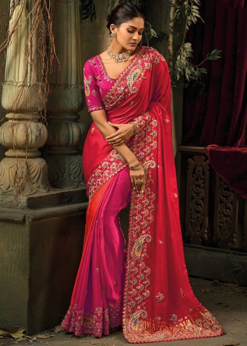 Rani Pink Silk Saree With Traditional Motif Work