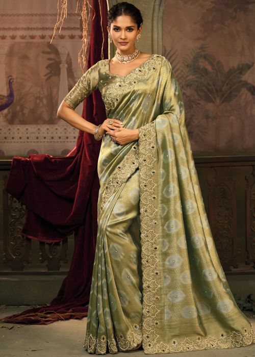Pista Green Silk Saree With Intricate Thread Work