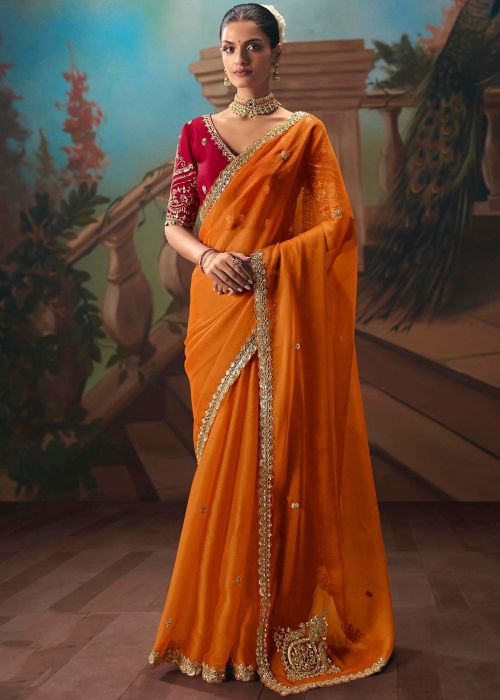 Orange Tissue Saree With Zari Border Embroidery