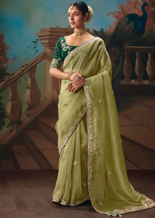 Light Green Tissue Saree With Floral Zari Embroidery