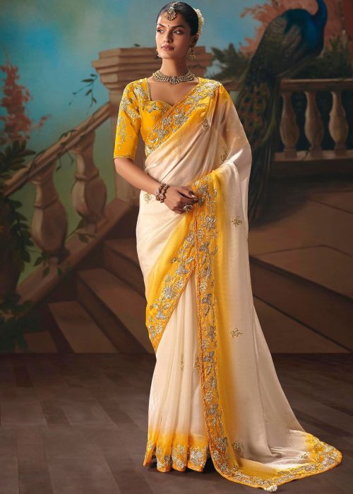 Cream Tissue Saree With Yellow Zari Edge