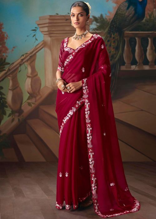 Maroon Tissue Saree With Sequin Motifs