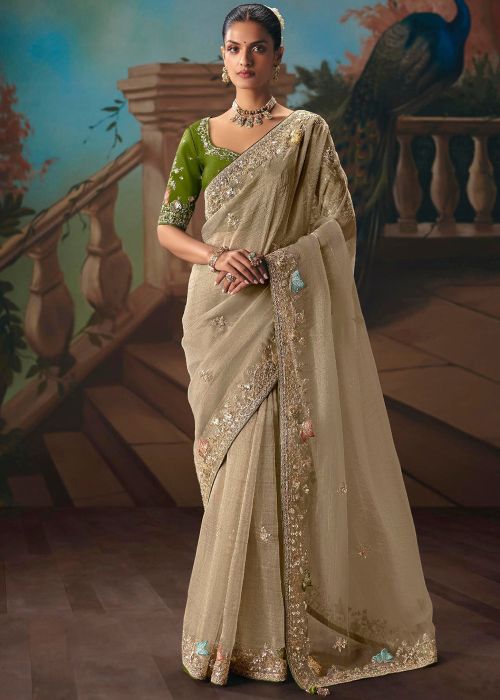 Beige Tissue Saree With Zari Work Pallu
