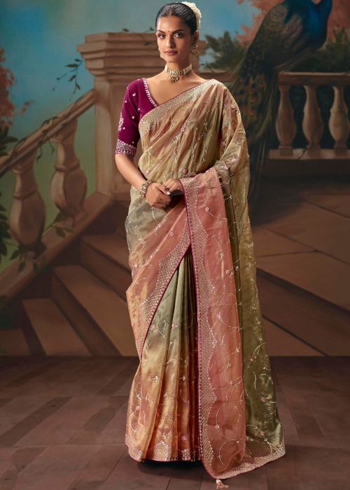 Dual Tone Green & Peach Tissue Saree With Sequins