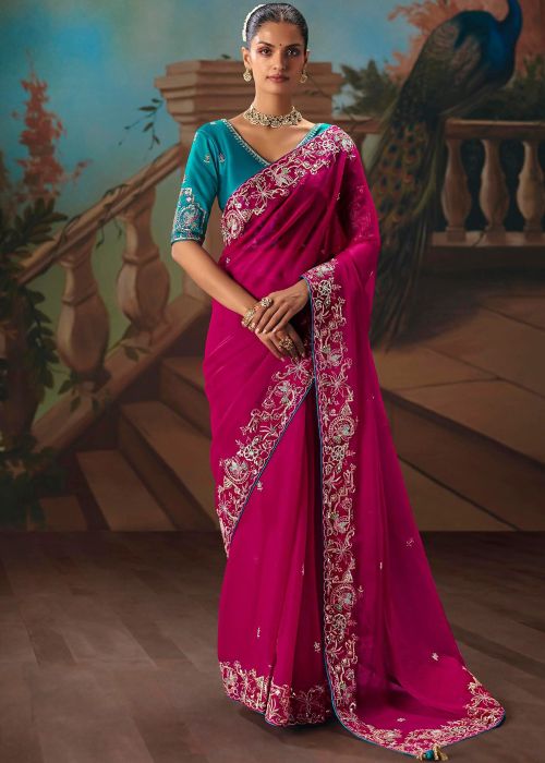 Pink Tissue Saree With Zari Motif Border