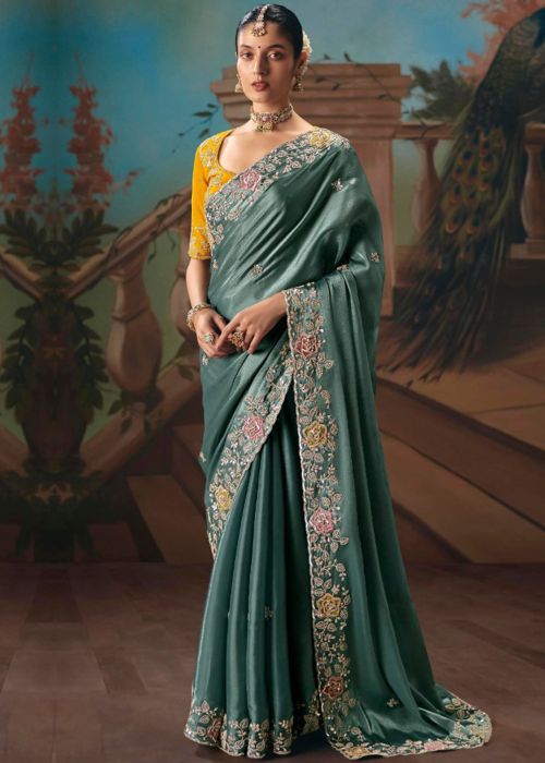 Blue Tissue Saree With Zari Embroidered Border