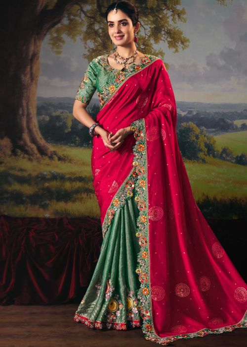 Green Silk Half N Half Saree With Contrast Border