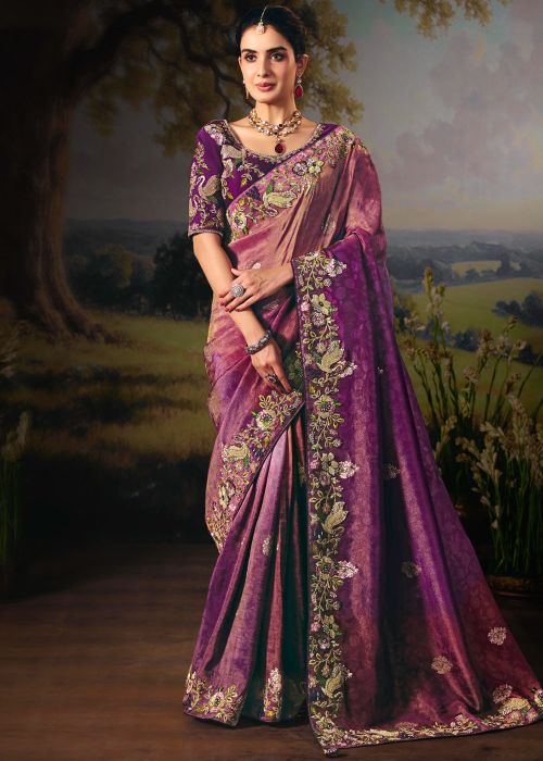Mauve Purple Silk Saree With Floral Embroidered Border