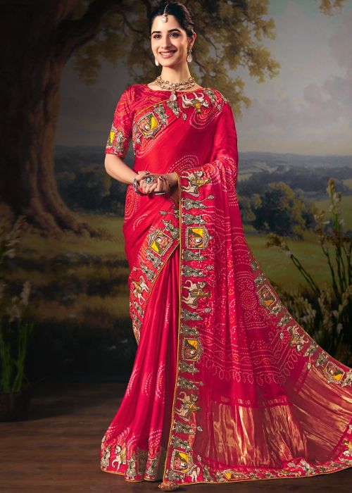 Red Bandhani Silk Saree With Statement Motif Pallu