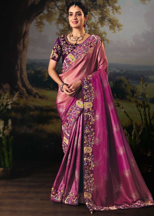 Shaded Dusty Pink Silk Saree With Purple Embroidery