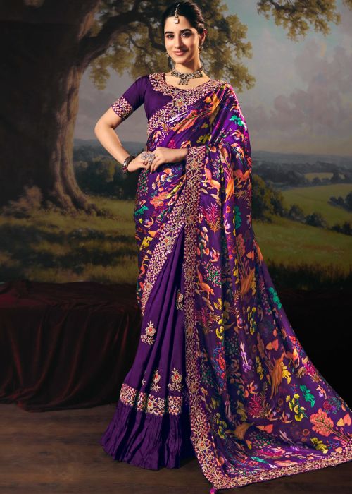 Purple Silk Saree With Multicolor Printed Pallu