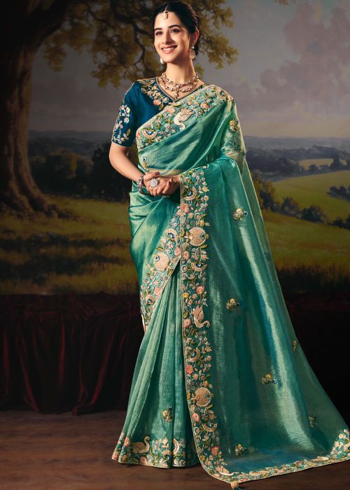 Turquoise Silk Saree With Heavy Embroidered Border